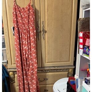 Rust Orange Floral Print Jumpsuit with Pockets